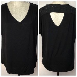 Black V Neck Embellished Open Back Tee Shirt M